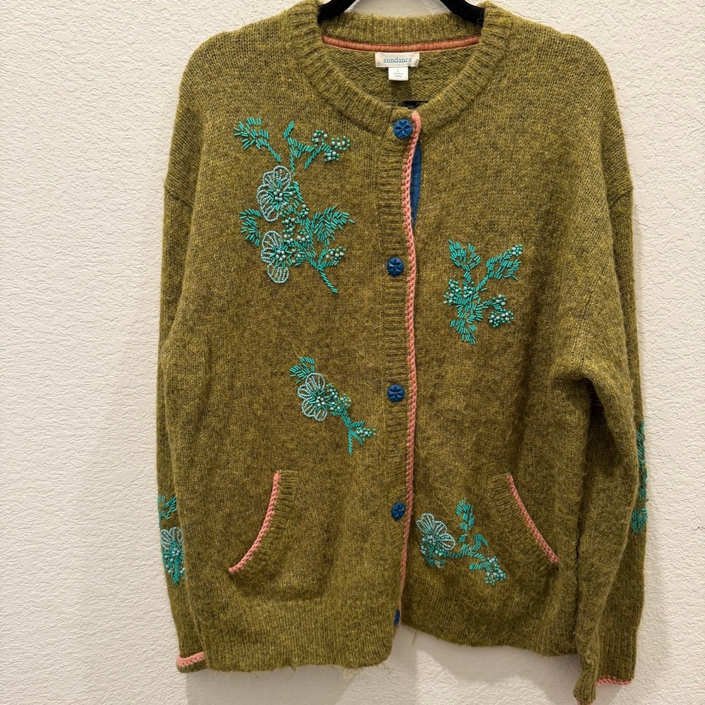 Sundance Olive Green Beaded Floral Wool Blend Cardigan Sweater Large Boho